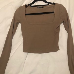 Zara square neck top long sleeve nude